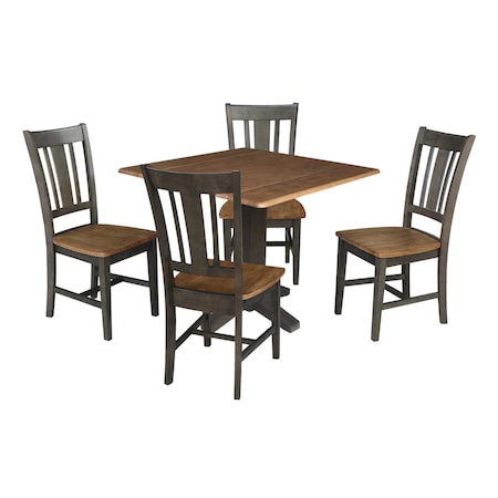 International Concepts 36 in. Solid Wood Square Dual Drop Leaf Dining Table with 4 Chairs in Hickory/Washed Coal K45-36SDP-C10-4